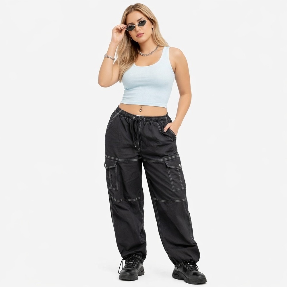 ALMOST FAMOUS Cargo Parachute Pant Sz S Black White Baggy Grunge Utility 90s Y2K